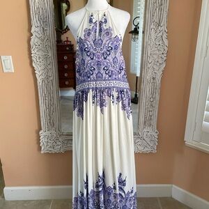 Boho Halter Maxi Dress with Blue Paisley Print